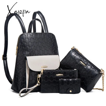 Xajzpa Fashion 4 Pcs Set Bag Women Print Design Hit Color Ladies Composite Backpacks Shoulder Stuend